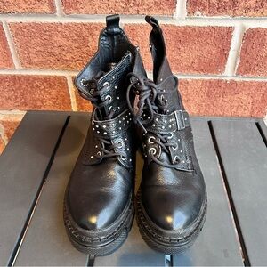 Fabian Arenas Black Leather Moto Boots Size 8 — Studded Buckle Combat Style